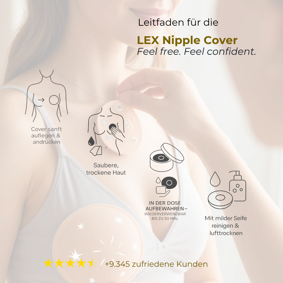 Anwendung der LEX Nipple Cover – Haut reinigen, Schutzfolie abziehen, Nippel Cover auflegen, nach Gebrauch mit milder Seife reinigen und in der Dose aufbewahren.