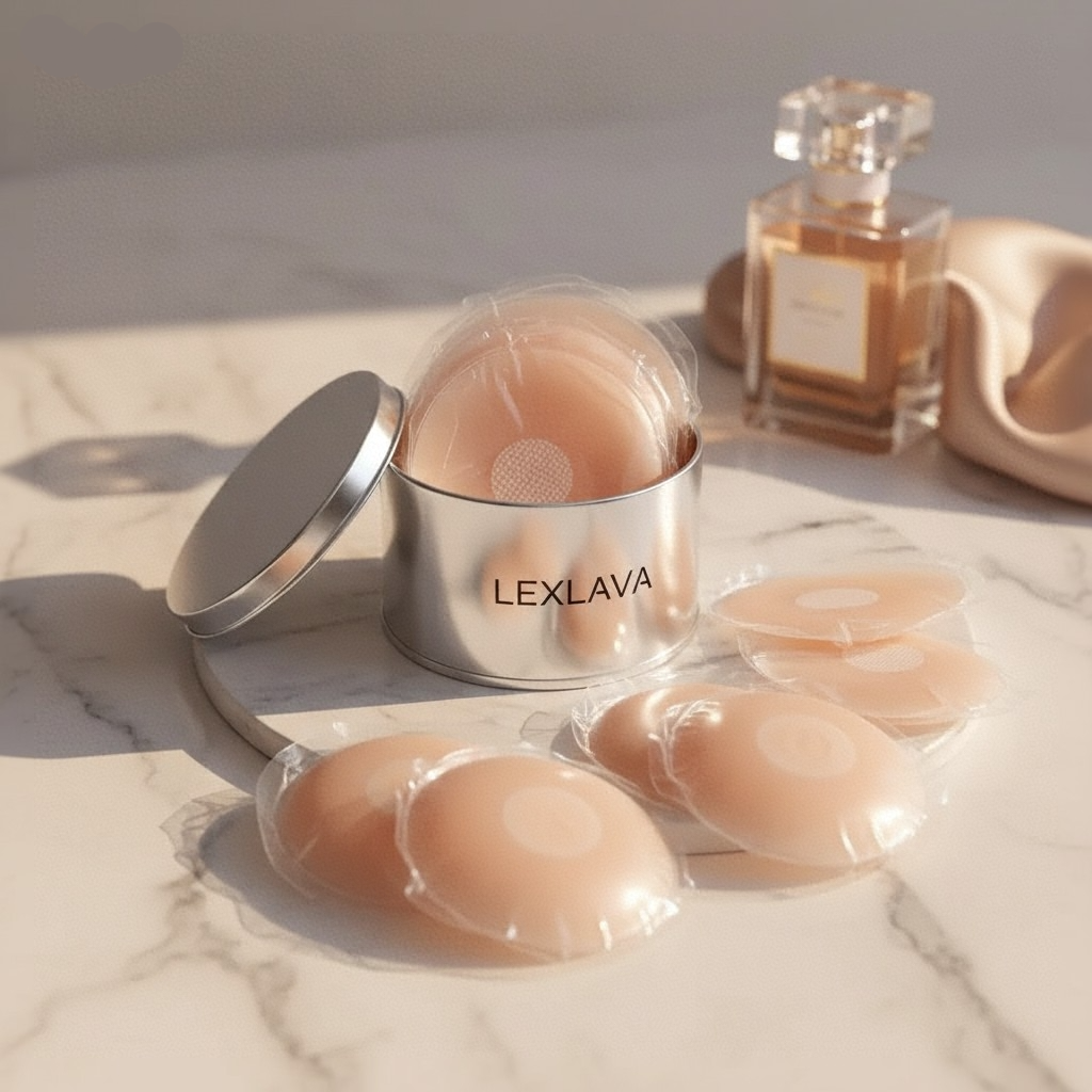 LEX Nipple Cover Premium in silberner Metalldose – luxuriöse, wiederverwendbare Brustwarzenabdeckung im 5er Set auf Marmortisch arrangiert