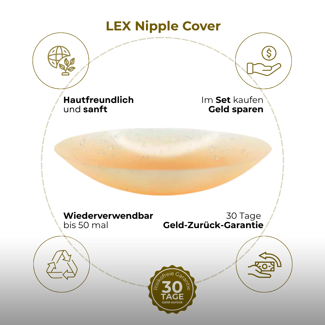 Vorteile der LEX Nipple Cover Premium – hautfreundlich, sanft, bis zu 50-mal wiederverwendbar, im Set günstiger und mit 30-Tage Geld-zurück-Garantie.