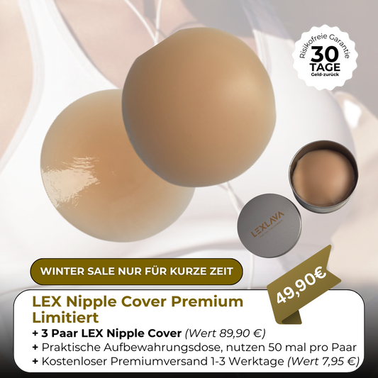 LEX Nipple Cover Premium 3-Paar Set mit silberner Dose – Winter Sale Angebot, unsichtbare und wiederverwendbare Brustwarzenabdeckung.